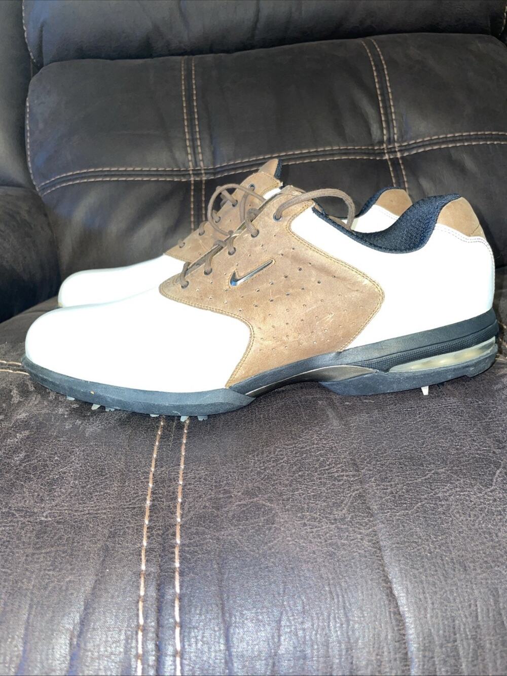 Nike Air Mens 12 Golf Shoes White Tan Leather Saddle Spiked 100424876